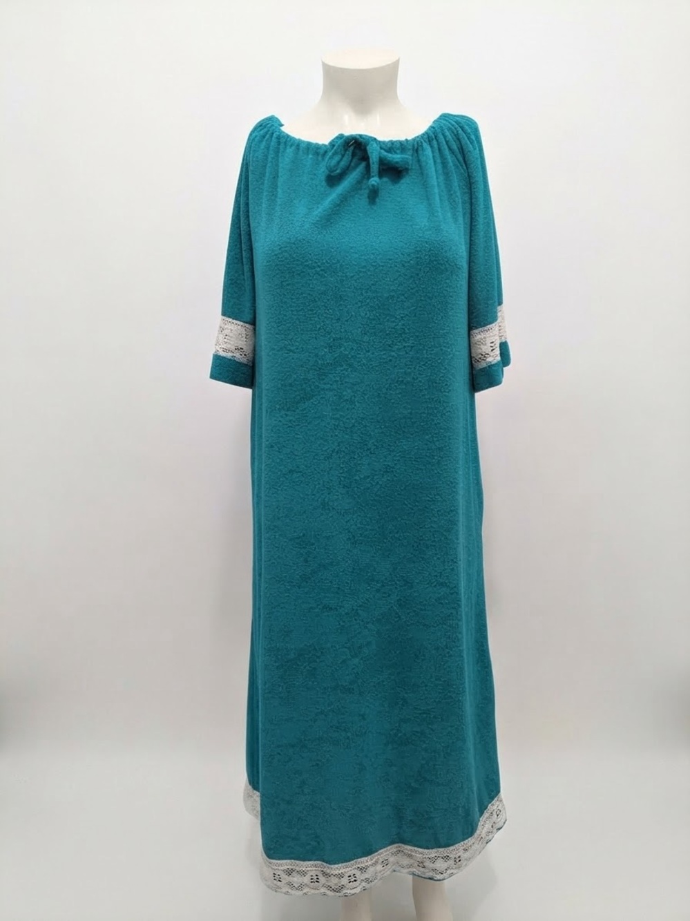 Vintage 70s Terry Cloth Lounge Dress M Turquoise Lace Hostess Beach Cover Up